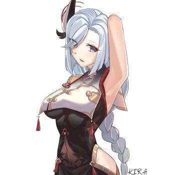 1girl 41008030 absurdres arm_up artist_name black_bodysuit blue_eyes bodystocking bodysuit braid breast_curtain breasts clothing_cutout covered_navel genshin_impact hair_ornament hair_over_one_eye highres hip_vent large_breasts long_hair looking_at_viewer low-braided_long_hair low-tied_long_hair shenhe_(genshin_impact) sleeveless solo tassel white_background white_hair