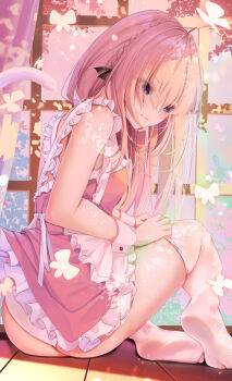 1girl absurdres apron ass atlanta_(azur_lane) azur_lane black_ribbon blue_eyes braid bug butt_crack butterfly closed_mouth commission frilled_apron frills hair_ribbon highres insect lyre_(otsulyre) on_floor panties pink_apron pink_hair putting_on_legwear ribbon sitting solo thighhighs underwear white_panties white_thighhighs wooden_floor