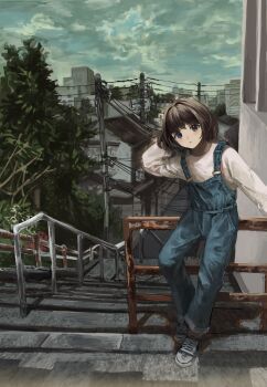 1girl against_railing architecture arm_behind_head black_hair blue_eyes blue_overalls bob_cut building city cloud cloudy_sky commentary_request denim denim_overalls east_asian_architecture full_body highres house long_sleeves looking_at_viewer o_kizo open_mouth original outdoors overalls power_lines railing scenery shirt shoes sky sneakers solo stairs standing t-shirt tree utility_pole white_shirt