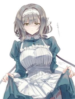 apron character_request copyright_request dress embarrassed frilled_apron frills green_dress grey_hair headband highres kevn maid maid_apron medium_hair puffy_sleeves simple_background skirt_hold thigh_peek thigh_strap translation_request v-shaped_eyebrows white_background white_headband