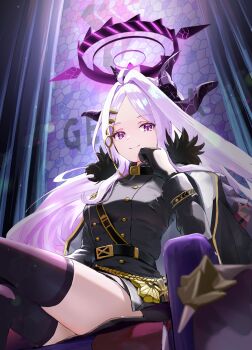 1girl absurdres ahoge arm_support armchair ass belt black_belt black_fur black_skirt black_thighhighs blue_archive blurry buttons chair coat coat_on_shoulders commentary_request cross demon_girl demon_horns demon_wings depth_of_field forehead from_below fur-trimmed_coat fur_trim gehenna_academy_logo hair_ornament hairclip halo head_rest highres hina_(blue_archive) horns indoors iron_cross long_hair long_sleeves looking_at_viewer looking_down military_uniform miniskirt multicolored_halo open_clothes open_coat parted_bangs pencil_skirt purple_eyes purple_halo sam_browne_belt side_slit sidelocks sitting skirt smile solo stained_glass teritama_(teritama_house) thighhighs two-tone_halo wavy_hair white_hair wings