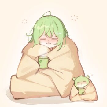 Rule 34 | 1girl, = =, absurdres, ahoge, blanket, chico (yuzuha riko), closed eyes, closed mouth, coffee mug, commentary request, creature, cup, double-parted bangs, electromocha, full body, green hair, highres, holding, holding cup, korean commentary, mug, multicolored hair, raised inner eyebrows, simple background, sitting, snot, solo, steam, steaming cup, stellive, streaked hair, virtual youtuber, white background, wrapped in blanket, yuzuha riko