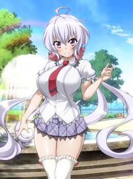 1girl ahoge amanatsu_mikan bench blush breasts fence fountain frilled_thigh_strap hair_between_eyes hair_ornament hair_scrunchie large_breasts long_hair looking_at_viewer necktie open_mouth park park_bench purple_eyes purple_skirt rainbow red_necktie school_uniform scrunchie senki_zesshou_symphogear shirt skirt smile solo thigh_strap thighhighs tree very_long_hair white_hair white_shirt white_thighhighs yukine_chris