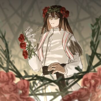 Rule 34 | 1boy, absurdres, alternate costume, beard stubble, black-framed eyewear, black-framed glasses, black sash, blurry, brown hair, capelet, closed mouth, crown of thorns, depth of field, dirty, dirty clothes, dress, e.g.o (project moon), expressionless, facial hair, flower, flower wreath, formal clothes, from side, garden of thorns (e.g.o), gauntlet, gauntlets, glasses, gregor (project moon), hair between eyes, hair flower, hair intakes, hair ornament, hair vines, hairband, half-closed eyes, hand up, hands up, head wreath, highres, jitome, limbus company, long hair, long sleeves, looking at viewer, looking to the side, male bride, male focus, nature, official alternate costume, outdoors, pants, pants under dress, parted bangs, photoshop (medium), plant, project moon, red flower, red rose, red strips, rose, sash, semi-rimless eyewear, serious, shoulder sash, sideways glance, signature, simple background, single gauntlet, solo, standing, stubble, thorns, torn capelet, torn clothes, turtleneck, turtleneck dress, under-rim eyewear, upper body, vines, waist sash, white capelet, white dress, white pants, white sash, yellow eyes
