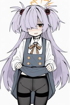 1girl black_pantyhose blue_archive blush cameltoe clothes_lift collared_shirt commentary cowboy_shot dress dress_lift embarrassed grey_background grey_dress hair_bobbles hair_ornament hair_over_one_eye halo highres kanoe_(blue_archive) lifting_own_clothes loli long_hair looking_at_viewer makigirisu nose_blush one_eye_covered open_mouth pantyhose pinafore_dress purple_hair red_eyes shirt simple_background sleeveless sleeveless_dress solo standing white_shirt yellow_halo