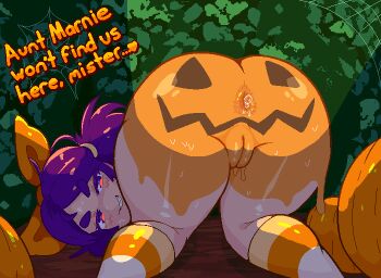 1girl anus ass blush bodypaint calamity33 cleft_of_venus english_text feet_out_of_frame female_focus heart huge_ass jack-o&#039;-lantern jas_(stardew_valley) kyojiri_loli loli looking_at_viewer looking_back nude on_grass outdoors pixel_art pumpkin purple_eyes purple_hair pussy short_hair snuke solo spoken_heart stardew_valley striped_clothes striped_thighhighs sweat teeth thick_eyebrows thighhighs thighs top-down_bottom-up uncensored