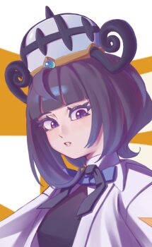 1girl black_dress black_hair blunt_bangs close-up coat commentary dress english_commentary eyelashes gwynn_(pokemon) hat heckmelon looking_at_viewer mega_stone nintendo open_clothes open_coat pokemon pokemon_legends:_z-a purple_eyes shirt simple_background solo upper_body white_coat