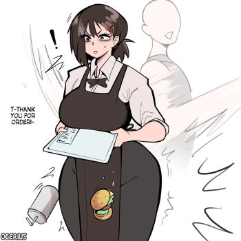 ! 1girl 1other apron black_apron black_bow black_bowtie black_eyes black_pants bow bowtie brown_hair burger chainsaw_man collared_shirt commentary cup disposable_cup english_commentary english_text family_burger_(chainsaw_man) food hair_ornament hairclip higashiyama_kobeni highres holding holding_tray ocerius open_mouth pants sexual_harassment shirt simple_background solo_focus spanking sweatdrop tray