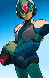 Rule 34 | 1boy, absurdres, android, closed mouth, danyhu16, expressionless, green eyes, helmet, highres, male focus, mega man (series), mega man x8, mega man x (series), solo, standing, x (mega man)