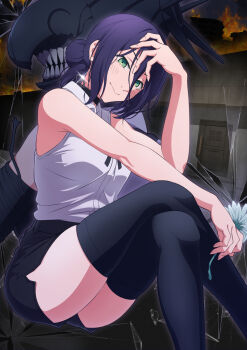 1girl absurdres black_choker black_hair black_shorts black_thighhighs blush bomb_devil_(chainsaw_man) broken_glass chainsaw_man choker closed_mouth collared_shirt commentary crossed_legs earrings feet_out_of_frame flower girugiru_(tektonics6588) glass glint green_eyes hair_between_eyes hair_bun hand_on_own_head hand_up highres holding holding_flower jewelry knees_up looking_at_viewer medium_hair reze_(chainsaw_man) shirt shorts single_hair_bun sitting sleeveless sleeveless_shirt smile solo thighhighs thighs v-shaped_eyebrows white_flower white_shirt