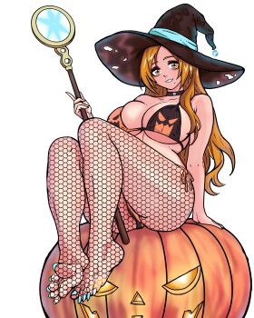1girl absurdres alternate_eye_color badkid77 bare_shoulders barefoot bleach bra breasts choker collarbone fishnet_thighhighs fishnets halloween hat highres inoue_orihime jack-o&#039;-lantern large_breasts long_hair mole mole_under_mouth moon orange_hair paid_reward_available pumpkin simple_background sitting staff thighhighs thighs underwear white_background witch witch_hat