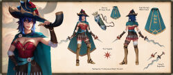 Rule 34 | 1girl, absurdres, armor, armored boots, arrow (projectile), bandaged arm, bandaged leg, bandages, belt, belt buckle, blue hair, boots, breasts, brown skirt, buckle, cape, character sheet, commentary, commission, dagger, dang (runescape), duellist&#039;s cap (tier 6), english commentary, fingerless gloves, full body, gladiator, gloves, glowing hat, gold armor, gold trim, greaves, green belt, green cape, hat, highres, holding, johnny azad, knife, leg armor, leotard, lion, long hair, long sword, medium breasts, old school runescape, original, poleyn, ponytail, quiver, red leotard, runescape, sabaton, skirt, smile, spiked ear piercing, standing, sun symbol, thick eyebrows, weapon, yellow eyes