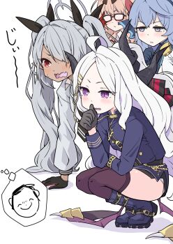 Rule 34 | 1boy, 4girls, ahoge, ako (blue archive), black skirt, blue archive, blue eyes, blue hair, chinatsu (blue archive), collared shirt, commentary request, demon girl, demon horns, demon wings, doodle sensei (blue archive), fang, grey hair, hair between eyes, half updo, halo, highres, hina (blue archive), horns, iori (blue archive), long hair, long sleeves, looking at viewer, mosuke1221, multiple girls, open mouth, orange hair, panties, parted bangs, prefect team (blue archive), purple eyes, red eyes, school uniform, sensei (blue archive), shirt, sidelocks, simple background, skirt, speech bubble, spoken character, thought bubble, translation request, twintails, underwear, very long hair, white hair, white panties, wings