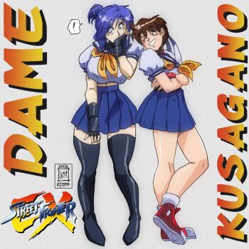Rule 34 | !, 1990s (style), 2girls, blair dame, blue hair, boots, breasts, brown hair, capcom, constricted pupils, crossed arms, english text, fighting ex layer, fingerless gloves, gloves, green eyes, grin, hairband, hand on own face, kasugano sakura, large breasts, legs, midriff, multiple girls, navel peek, one eye closed, ponytail, retro artstyle, short hair, smile, street fighter, street fighter ex (series), surprised, thighs, wide-eyed, wink