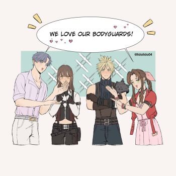 2boys 2girls aerith_gainsborough aqua_background aqua_eyes arm_belt armor bangle belt belt_buckle black_gloves black_pants black_vest blonde_hair blue_pants blue_shirt bodyguard border bracelet braid braided_ponytail breasts brown_belt brown_eyes brown_gloves brown_hair buckle cloud_strife collared_shirt couple cowboy_shot cropped_jacket cropped_legs crossed_arms dress english_text final_fantasy final_fantasy_vii final_fantasy_vii_remake fingerless_gloves gloves green_eyes grey_belt hair_between_eyes hair_ribbon hetero jacket jewelry lida_(lidalida04) light_blush long_hair love_and_deepspace medium_breasts midriff multiple_belts multiple_boys multiple_bracelets multiple_girls necklace open_mouth own_hands_together pants parted_bangs pauldrons pink_dress pink_ribbon protagonist_(love_and_deepspace) purple_hair purple_shirt rafayel_(love_and_deepspace) red_jacket ribbed_shirt ribbon shared_speech_bubble shirt short_hair shoulder_armor sidelocks single_bare_shoulder single_braid single_pauldron sleeveless sleeveless_turtleneck sleeves_rolled_up smile sparkle speech_bubble spiked_hair turtleneck twitter_username vest white_border white_pants white_shirt