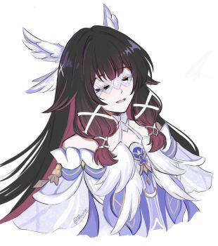 1girl bare_shoulders black_hair bow closed_eyes colored_inner_hair columbina_(genshin_impact) cropped_torso dress eye_mask feathered_wings genshin_impact gradient_hair hair_ribbon hashtag-only_commentary head_wings highres long_hair mask multicolored_hair nirvelia open_mouth red_hair ribbon simple_background solo twitter_username upper_body white_background white_bow white_dress white_ribbon white_wings wings