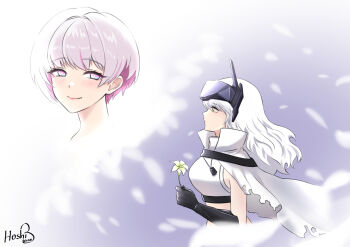 Rule 34 | armor, bandages, blue eyes, blush, breasts, cloak, commentary, dog tags, english commentary, flower, goddess of victory: nikke, head-mounted display, holding, holding flower, hoshiberuu, large breasts, liliweiss (nikke), lily (flower), long hair, multicolored hair, navel, official alternate costume, pink hair, shiny eyes, shirt, short hair, smile, snow white (heavy arms) (nikke), snow white (nikke), star-shaped pupils, star (symbol), symbol-shaped pupils, torn cloak, torn clothes, white cloak, white flower, white hair, white lily, white shirt, yellow eyes