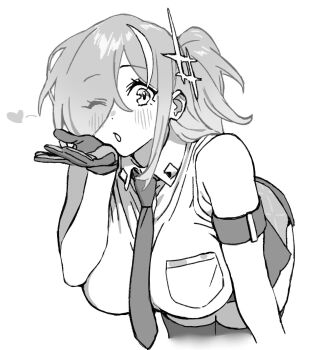 1girl :o blowing_kiss breast_pocket breasts collared_shirt greyscale hair_over_one_eye hand_to_own_mouth hand_up heart highres large_breasts leaning_forward long_hair looking_at_viewer monochrome multicolored_hair necktie one_eye_closed original parted_lips plumeriafran pocket shirt sleeveless sleeveless_shirt solo streaked_hair thighhighs translucent_hair