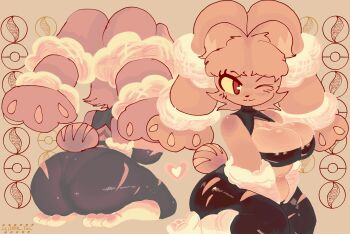 1girl :3 ass breasts cleavage cleavage_cutout clothing_cutout cream_background cream_theme furry gen_4_pokemon highres huge_ass large_breasts leggings lopunny mega_evolution mega_lopunny mega_pokemon miaval_tec multiple_views nintendo one_eye_closed pantylines pokemon pokemon_(creature) simple_background thick_thighs thighs wink