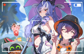 1girl 2girls absurdres ahoge bad_tag bangboo_(zenless_zone_zero) battery_indicator belle_(summer_skies)_(zenless_zone_zero) belle_(zenless_zone_zero) bikini bikini_top_under_shirt bikini_under_clothes black_bow blue_sky bow breasts bucket_hat cleavage closed_eyes clothing_cutout cloud commentary_request ct.ender double_v eous_(zenless_zone_zero) flower food fruit hair_bow hat heart_cutout highres holding holding_tray holding_umbrella long_hair looking_at_viewer mole mole_under_eye multiple_girls navel official_alternate_costume one-piece_swimsuit orange_flower parfait pointy_ears purple_hair red_eyes sky stomach swimsuit tray umbrella v viewfinder vivian_banshee vivian_banshee_(iris_of_the_shore) watermelon watermelon_slice zenless_zone_zero