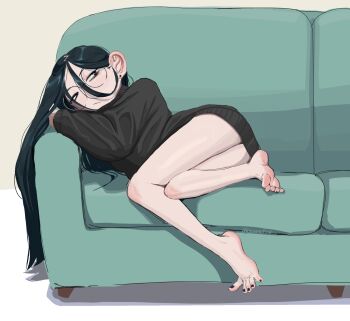 1girl bags_under_eyes barefoot black_hair bottomless commentary couch ear_piercing english_commentary feet glasses hair_between_eyes highres long_hair long_hair_between_eyes nail_polish no_panties on_couch original oshii_(suwafro) piercing round_eyewear suwafro sweater