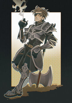 Rule 34 | 1boy, alt text, armor, black armor, brown hair, cigarette, closed mouth, commentary, commission, english commentary, eyepatch, fire emblem, fire emblem: path of radiance, haar (fire emblem), highres, holding, holding cigarette, leaning back, leaning on weapon, male focus, nintendo, short hair, smoke, solo, t0bey, weapon