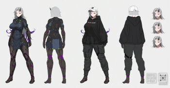 1girl arms_at_sides asymmetrical_bangs baseball_cap black_hoodie black_pants bodysuit breasts covered_abs covered_erect_nipples cyborg flat_color from_behind grey_background grey_hair hat heterochromia highres hood hoodie horns impossible_bodysuit impossible_clothes large_breasts long_hair looking_at_viewer mismatched_sclera multiple_expressions multiple_views original pants pelvic_curtain purple_eyes qr_code reference_sheet single_horn skin_tight tom-neko_(zamudo_akiyuki) yellow_eyes