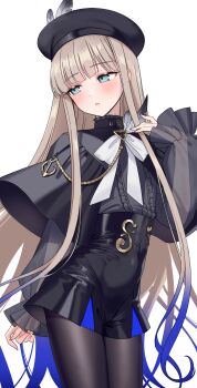 1boy absurdres androgynous beret black_capelet black_hat black_shorts blonde_hair blue_hair blush bow bowtie capelet commentary fate/grand_order fate_(series) gradient_hair green_eyes grey_shirt hat hat_feather highres long_hair long_sidelocks long_sleeves male_focus meimone multicolored_hair noah_(fate) noah_(second_ascension)_(fate/grand_order) pantyhose shirt shorts sidelocks solo very_long_hair very_long_sidelocks white_background