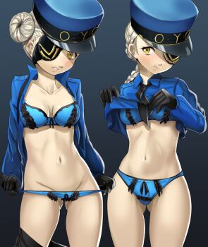 2girls blue_bra blue_panties blush bra braid breasts caroline_(persona_5) cleavage eyepatch gluteal_fold hat justine_(persona_5) loli multiple_girls navel nico-mo open_clothes panties panty_pull persona persona_5 police police_hat police_uniform policewoman pout small_breasts smile stomach twin_braids underwear undressing