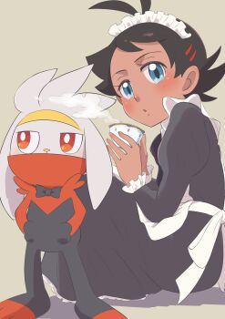 1boy absurdres ahoge black_dress black_hair blue_eyes crossdressing crossdressing_(mtf) cup dark-skinned_male dark_skin dress gen_8_pokemon goh_(pokemon) highres holding holding_cup kawachaneel long_sleeves maid_headdress nintendo pokemon pokemon_(anime) pokemon_(creature) pokemon_journeys puffy_long_sleeves puffy_sleeves raboot red_eyes simple_background sitting steam teacup