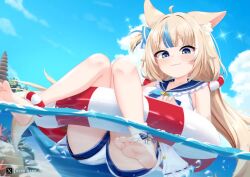 1girl :d animal animal_ear_fluff animal_ears animated bare_legs barefoot blonde_hair blue_eyes blue_hair blue_nails blue_sailor_collar blue_sky cat_ears chrisandita claw_pose cloud coral day fangs feet fish frilled_sailor_collar frills half-closed_eyes indie_virtual_youtuber innertube knees_together_feet_apart knees_up live2d loli long_hair looking_at_viewer looping_animation multicolored_hair nail_polish one_side_up open_mouth outdoors partially_underwater_shot sailor_collar sameko_saba shirt short_shorts shorts sky sleeveless sleeveless_shirt smile soles solo streaked_hair swim_ring thighs toenail_polish toenails toes twitter_username very_long_hair video virtual_youtuber white_shirt white_shorts
