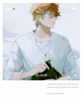 1boy battery_indicator blue_eyes cloud english_text genshin_impact highres jewelry long_sleeves looking_to_the_side male_focus necklace orange_hair parted_lips recording shirt sky solo tartaglia_(genshin_impact) timer to_e upper_body viewfinder white_shirt white_sky