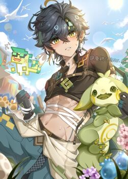 Rule 34 | 1boy, ajaw (genshin impact), aqua pants, bandages, black gloves, black hair, black shirt, blush, clothes around waist, crop top, earrings, genshin impact, gloves, green eyes, green hair, green headband, hair between eyes, headband, highres, jewelry, kinich (genshin impact), male focus, midriff, multicolored hair, navel, neck tattoo, pants, shirt, short hair, solo, stomach, stomach tattoo, streaked hair, tattoo, utooo, yumkasaurus (genshin impact)