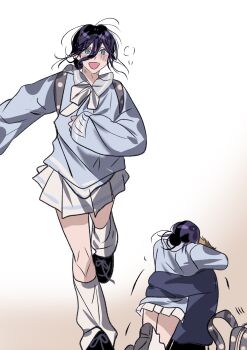 1boy 1girl backpack bag black_shoes blonde_hair blue_jacket blue_sweater blush busuttt chainsaw_man couple denji_(chainsaw_man) green_eyes hair_between_eyes hair_bun heavy_breathing hetero highres hug jacket loose_socks medium_hair neck_ribbon open_mouth pleated_skirt polka_dot print_bag purple_hair reze_(chainsaw_man) ribbon running school_uniform shoes short_hair skirt smile socks sweater updo white_background white_ribbon white_skirt