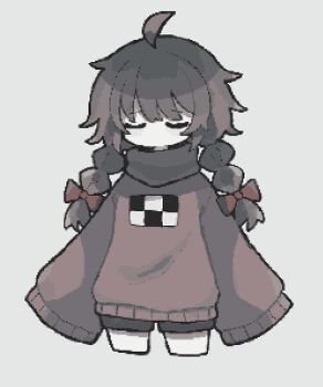 1girl 65907_30_4 ahoge black_shorts bow braid closed_eyes cowboy_shot grey_background hair_bow hashtag-only_commentary long_hair long_sleeves low_twin_braids madotsuki no_mouth outstretched_arms pink_sweater red_bow shorts sidelocks simple_background solo sweater turtleneck turtleneck_sweater twin_braids wide_sleeves yume_nikki