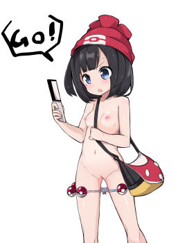 10s 1girl bag between_breasts black_hair blue_eyes blush breasts cleft_of_venus female_focus handbag hat highres loli morino_donguri navel nintendo nipples nude open_mouth panties panty_pull poke_ball pokemon pokemon_go pokemon_sm pussy selene_(pokemon) short_hair small_breasts solo strap_between_breasts striped_clothes striped_panties sweatdrop uncensored underwear