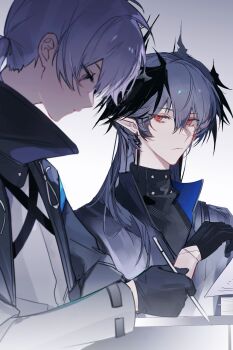 1boy 1other absurdres androgynous arknights bishounen black_coat black_gloves coat doctor_(arknights) earrings expressionless gloves gradient_background grey_background grey_eyes grey_hair hair_between_eyes hair_over_shoulder head_wings high_collar highres holding holding_paper holding_pen horns jeathur jewelry logos_(arknights) long_hair looking_at_another looking_down low_ponytail male_focus mole mole_under_eye open_clothes open_coat paper peeking pen pointy_ears ponytail profile red_eyes sideways_glance turtleneck wings writing