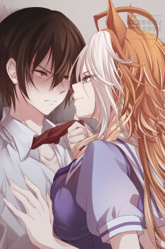 1boy 1girl animal_ears chain collarbone ear_covers highres horse_ears horse_girl necktie orfevre_(umamusume) purple_eyes red_necktie school_uniform single_ear_cover smile tracen_school_uniform trainer_(umamusume) umamusume upper_body yue_(lov_n_n)