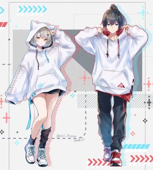 1boy 1girl black_hair black_hoodie black_pants black_shorts full_body grey_background grey_hair high_ponytail highres hood hoodie long_hair mio_(xenoblade) noah_(xenoblade) pants ponytail shoes short_hair shorts simple_background ui_frara white_shoes xenoblade_chronicles_(series) xenoblade_chronicles_3 yellow_eyes