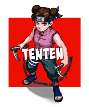 Rule 34 | 1girl, absurdres, brown eyes, brown hair, character name, double bun, forehead protector, full body, hair bun, highres, holding, holding weapon, konohagakure symbol, kusarigama, looking at viewer, naruto (classic), naruto (series), north (zsae4358), open-toe shoes, pants, pink shirt, shirt, sickle, sleeveless, sleeveless shirt, smile, solo, tenten (naruto), weapon