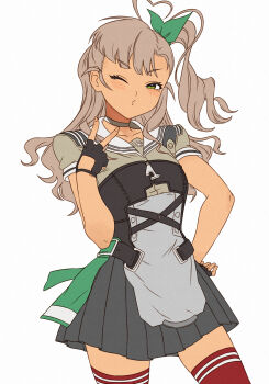 Rule 34 | 1girl, ahoge, black gloves, blush, cowboy shot, dress, eyelashes, fingerless gloves, gloves, green eyes, green ribbon, hair ribbon, hand on own hip, heart, heart ahoge, highres, kanmiya shinobu, kantai collection, kashi (kancolle), long hair, looking at viewer, mole, mole under eye, one eye closed, one side up, red thighhighs, ribbon, sailor collar, sailor dress, short sleeves, simple background, solo, thighhighs, v, white background, white sailor collar