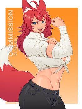 1girl :d absurdres ahoge animal_ear_fluff animal_ears bandaged_arm bandages black_pants blue_eyes breasts collared_shirt commentary commission cowboy_shot double-parted_bangs dress_shirt fangs flexing fox_ears fox_girl fox_tail highres kiera_(hhhemeleon) long_hair medium_breasts navel open_mouth orange_background original pants red_hair red_tail shirt skullworms smile solo stomach tail tied_shirt toned toned_female white_shirt