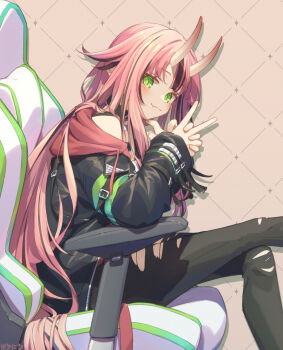 Rule 34 | 1girl, baronilu, black collar, black hair, black jacket, black pants, chair, closed mouth, collar, commentary request, crossed legs, fang, gaming chair, green eyes, green jacket, highres, hood, hooded jacket, horns, indie virtual youtuber, inuzuka ichigo, inuzuka ichigo (oni), jacket, long hair, looking at viewer, multicolored hair, multicolored jacket, on chair, oni, own hands clasped, own hands together, pants, pink hair, red jacket, sitting, skin-covered horns, solo, swivel chair, torn clothes, torn pants, virtual youtuber