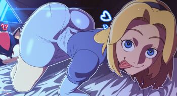 1boy 1girl :q ? all_fours animated animated_gif ass ass_shake bed blonde_hair blue_eyes bouncing_ass d-art dress flat_chest hairband highres huge_ass kyojiri_loli legs loli long_hair looking_at_viewer maria_robotnik on_bed pantyhose red_eyes sega shadow_the_hedgehog smile sonic_(series) thighs tongue tongue_out