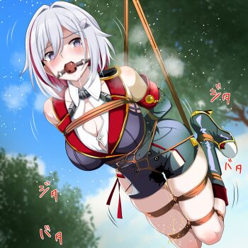 1girl absurdres arms_behind_back ball_gag bdsm black_unitard blush bondage bound bound_arms bound_legs bound_wrists breast_bondage breasts colored_inner_hair commentary_request doriane_dojin gag gagged grey_hair highres honkai:_star_rail honkai_(series) legs multicolored_hair restrained rope short_hair simple_background streaked_hair suspension thigh_focus thigh_strap topaz_(honkai:_star_rail) unitard