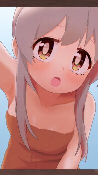 1girl :o armpits bare_arms bare_shoulders blue_background blush breasts brown_eyes collarbone commentary grey_hair happyundergate highres leaning_forward letterboxed loli long_hair looking_at_viewer multicolored_hair naked_towel onii-chan_wa_oshimai! open_mouth oyama_mahiro pink_hair reaching reaching_towards_viewer sidelocks simple_background small_breasts solo towel two-tone_hair