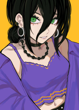 1girl aegyo_sal bead_necklace beads black_choker black_hair camisole chainsaw_man choker crop_top earrings green_eyes grenade_pin hair_between_eyes hair_bun highres hoop_earrings jacket jewelry looking_at_viewer necklace parted_lips purple_camisole purple_jacket reze_(chainsaw_man) sailen0 short_hair simple_background single_hair_bun smile solo yellow_background