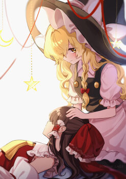 2girls apron ascot black_hat black_skirt black_vest blonde_hair blush bow braid brown_hair closed_mouth commentary_request detached_sleeves frilled_bow frilled_hair_tubes frills hair_bow hair_tubes hakurei_reimu hand_on_another's_head hat hat_bow highres kirisame_marisa lap_pillow long_hair looking_at_another multiple_girls puffy_short_sleeves puffy_sleeves red_bow short_sleeves side_braid single_braid skirt smile star_(symbol) touhou vest waist_apron white_apron white_bow witch_hat yellow_ascot yellow_eyes yomogi_9392 yuri