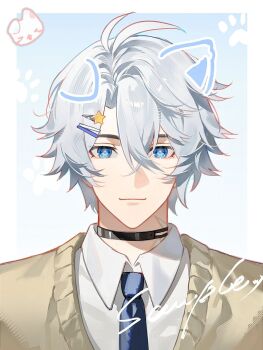 Rule 34 | 1boy, antenna hair, black choker, blue eyes, blue necktie, chinese commentary, choker, collared shirt, commentary request, drawn ears, hair ornament, hairpin, highres, honkai: star rail, honkai (series), male focus, neck tattoo, necktie, parted bangs, phainon (honkai: star rail), portrait, sample watermark, school uniform, shirt, short hair, solo, suirandanshihao, sun symbol, sun tattoo, tan, tattoo, watermark, white hair, white shirt
