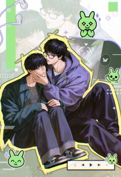 Rule 34 | 2boys, absurdres, black hair, black shoes, blue jacket, commentary request, denim, earphones, glasses, go ong ss, hand on another's cheek, hand on another's face, happy twogether (manhwa), highres, jacket, jeans, kim jae-young (manhwa), korean commentary, multiple boys, on floor, outline, pants, purple jacket, shapes, shapes background, shirt, shoes, short hair, sparkle, sticker, sweater, too many stickers, vinyl record, white shirt, woo seung-min (manhwa), yaoi, yellow outline